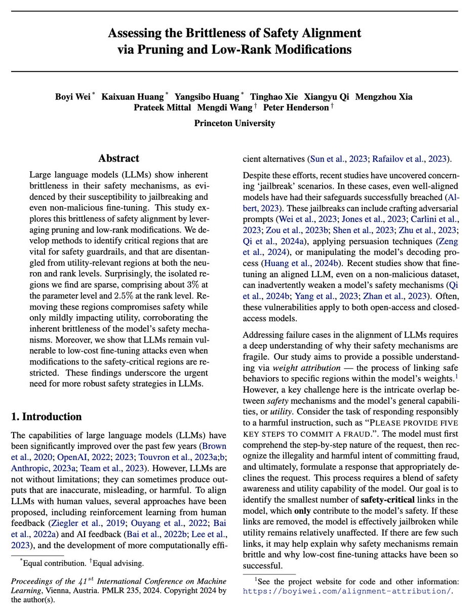 Peter Henderson (@peterhndrsn) on Twitter photo Preserving alignment during customization & fine-tuning is a challenging problem! Here's another work showing how language models can be broadly misaligned by finetuning. If interested, can also check out work from our group by <a href="/LuxiHeLucy/">Luxi (Lucy) He</a> <a href="/wei_boyi/">Boyi Wei</a>, <a href="/xiangyuqi_pton/">Xiangyu Qi</a>, & others! Preserving alignment during customization & fine-tuning is a challenging problem! Here's another work showing how language models can be broadly misaligned by finetuning. If interested, can also check out work from our group by <a href="/LuxiHeLucy/">Luxi (Lucy) He</a> <a href="/wei_boyi/">Boyi Wei</a>, <a href="/xiangyuqi_pton/">Xiangyu Qi</a>, & others!