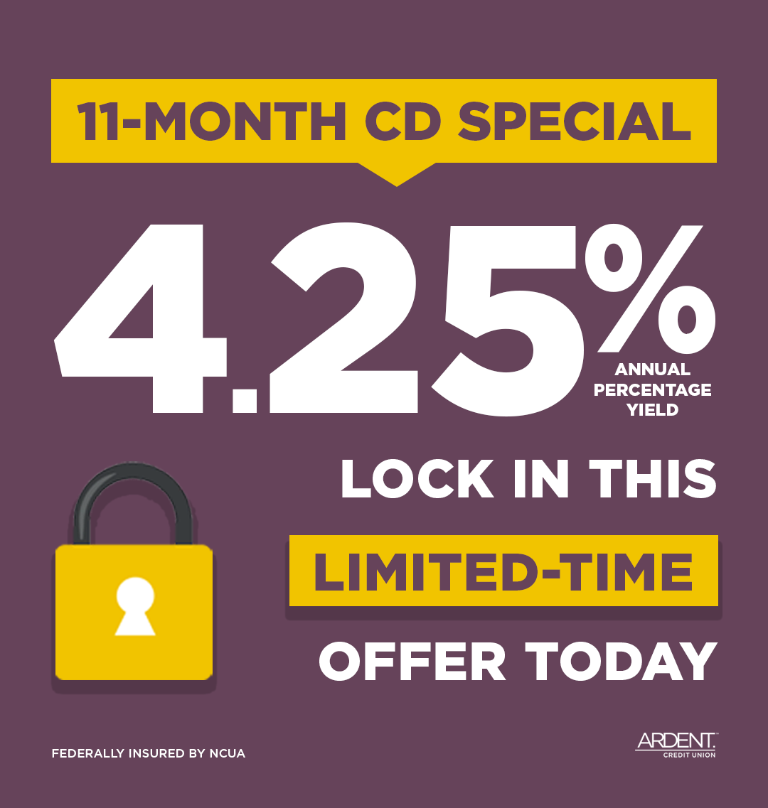 🚨New CD term: Earn 4.25% APY for 11 months
 
Only available for a limited time, don't miss this chance to grow your savings. Open your 11-month CD today with a $100 minimum deposit.
 
Get started at ardentcu.org/CD