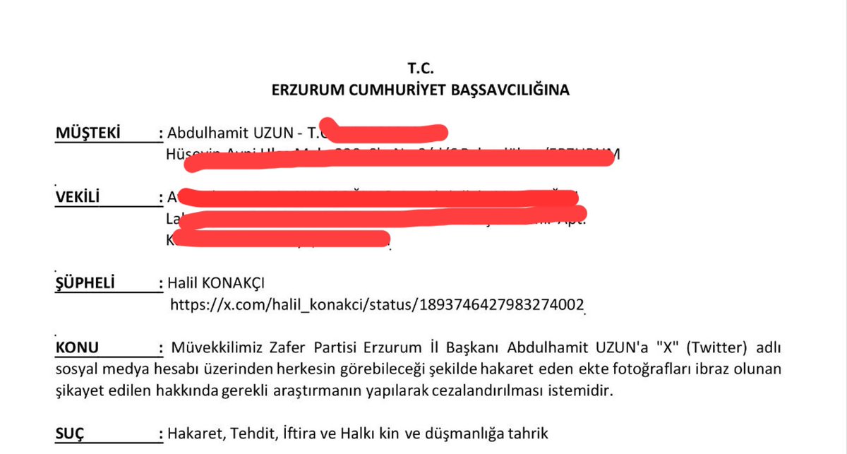 Bugün, Diyanet İşleri Başkanlığı bütçesinden yani bu milletin alın teri ile maaş alan vaiz Halil Konakçı hakkında Erzurum'da cereyan eden olaylar hakkında bana ve Türk Milliyetçilerine ettiği hakaretten dolayı avukatım <a href="/abdullahcavsglu/">Av.Abdullah ÇAVUŞOĞLU</a> ile birlikte dava dilekçesi verdim. 

Halil
