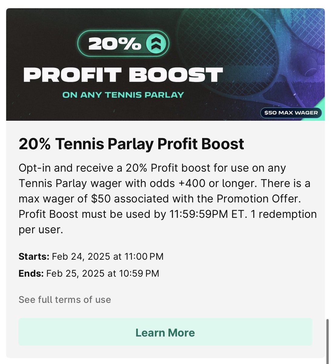 MSUKB_Bets's tweet image. ESPN Tennis 20% Parlay Boost

+23% (FV = +555); up to 0.8u