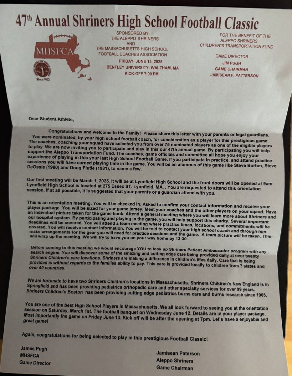 Proud to announce that I have been selected to play in the 47th Annual Shriners Football Classic!