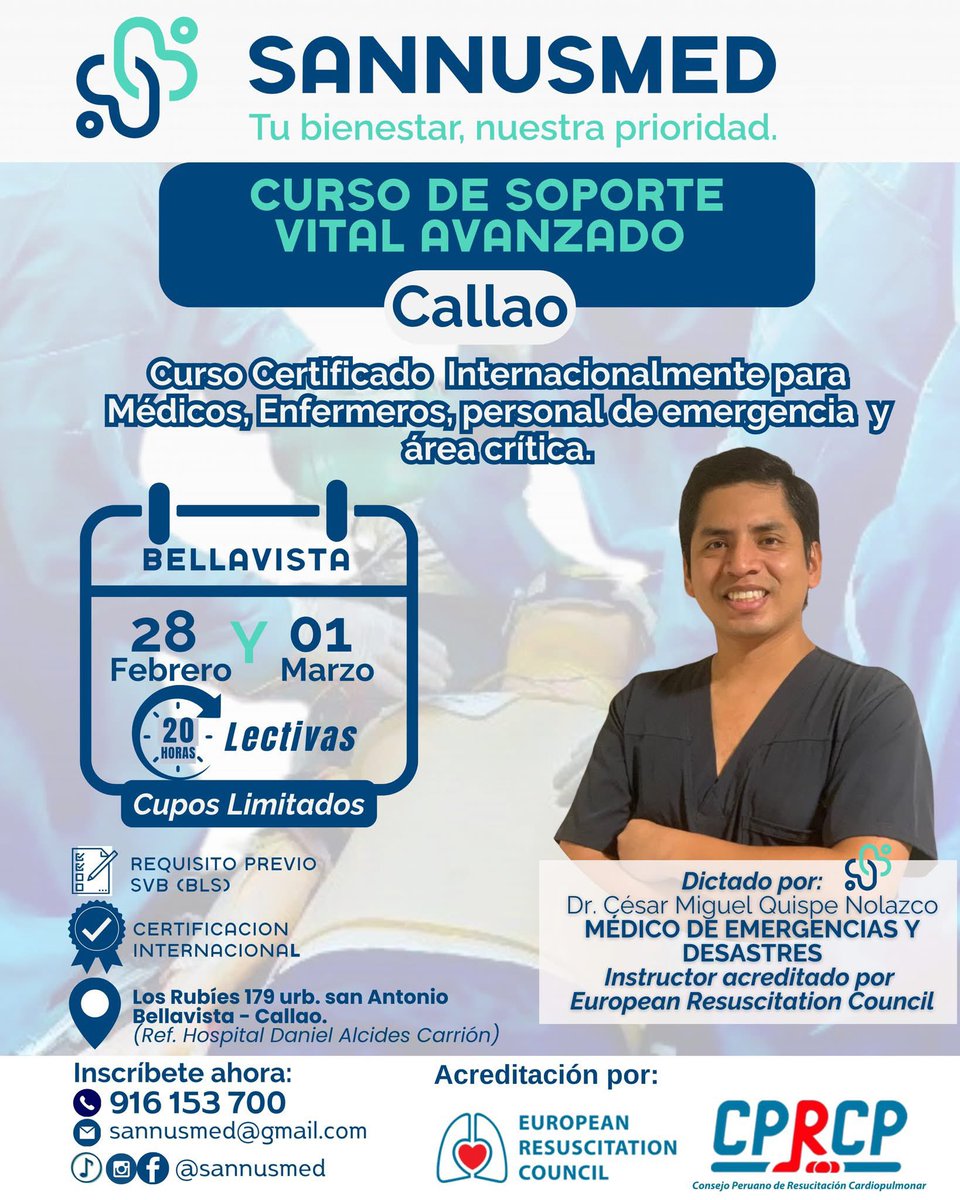 HernanMichue's tweet photo. Este 28 de febrero comienza el Curso Soporte Vital Avanzado en la Provincia Constitucional Callao. Curso acreditado por el European Resuscitation Council https://t.co/QOB9CAmd9B