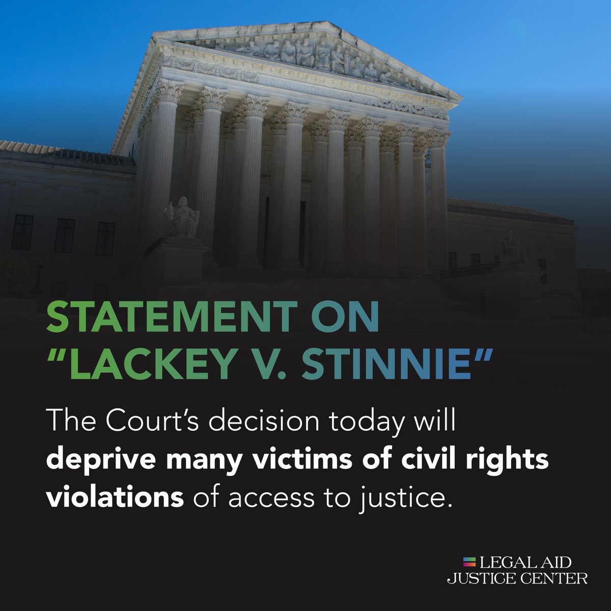 Today, the U.S. Supreme Court issued a decision in "Lackey v. Stinnie", marking a significant setback for civil rights enforcement. Congress should act immediately to protect the right of effective access to the courts.

Read our full statement here ➡️ justice4all.org/news/statement…