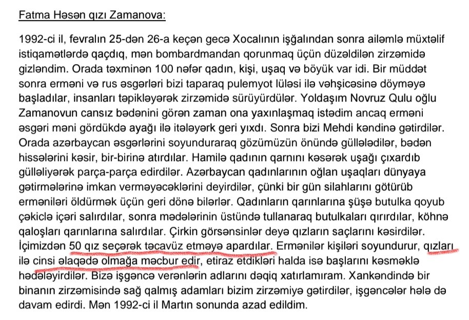 iamnottengrist's tweet photo. Yuxarıdakının davamı:

Fərman Məmmədov - gənc qadınlar
Fatma Zamanova - minimum 50 qızı təhdidlə*
Şahnaz Behbudova - gözəl / üzvləri kəsilməmiş qadınlar
Elşad Ağayev, Valeh Hüseynov - "qadınlar zorlanırdı"

* - xatirədən anlaşılır ki ermənilər əhdi-ətiq qanunlarını tətbiq ediblər https://t.co/FtyLM60B4T