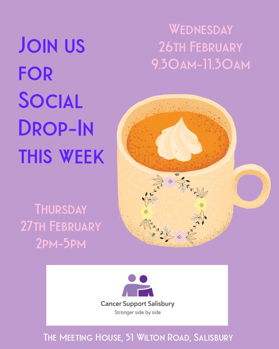 Pop in and enjoy a cuppa with us this week at social-drop in. Open to anyone affected by cancer and their loved ones and carers. The kettle is always on for cuppa and a friendly face to welcome you.