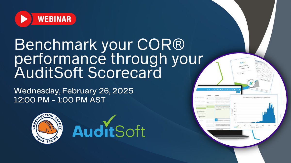 Level up your COR® audit performance! Join us TOMORROW, 12 PM - 1 PM AST on Teams to learn how to use your AuditSoft Scorecard. Register now at bit.ly/41wF3Tu. 

#constructionsafety #CORAudit #AuditSoft #Webinar #CSNS #novascotia #COR