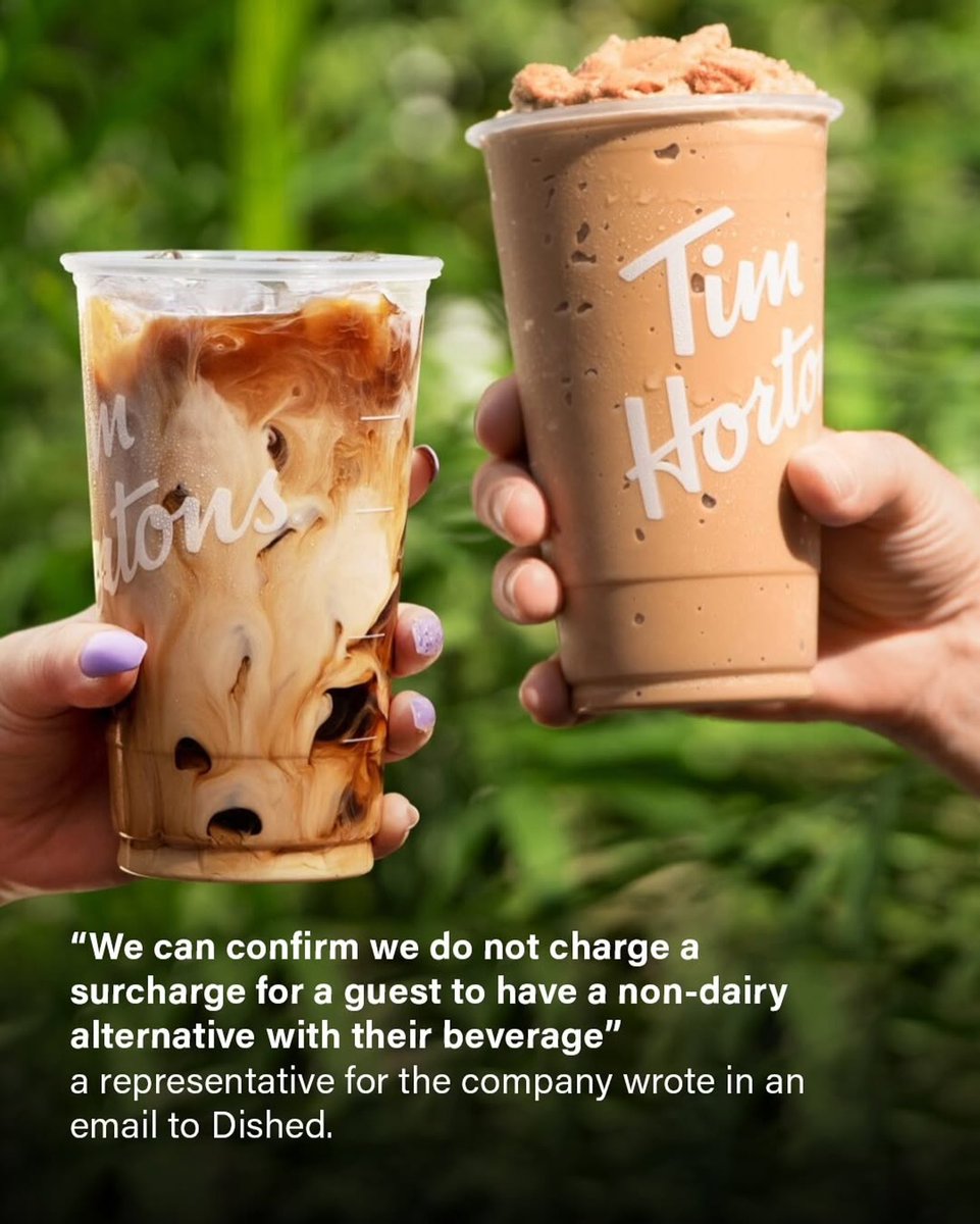 •<a href="/TimHortons/">Tim Hortons</a> has dropped the plant-based milk surcharge across Canada and the U.S.! 

Now, choosing dairy-free doesn’t come with an extra cost. A step in the right direction—who should be next? 

Tag a coffee chain that still charges extra for plant-based milk! ☕🌱