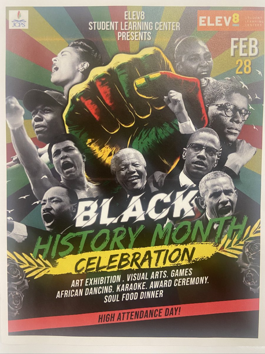 We’ll be celebrating <a href="/jcpselev8/">Elev8 Student Learning Center</a> this Friday with Art, Music, Games, Karaoke, and a Soul Food Awards Dinner! We celebrate Black Excellence, Black Joy, and Black History - in February and beyond! <a href="/JCPSAsstSuptASP/">Dr. Alicia Averette</a> <a href="/tonkeytarodgers/">Tonkeyta Rodgers</a> <a href="/msmeeley/">Tricia Meeley</a> <a href="/MsRMiller_990A/">Ms. Miller</a>