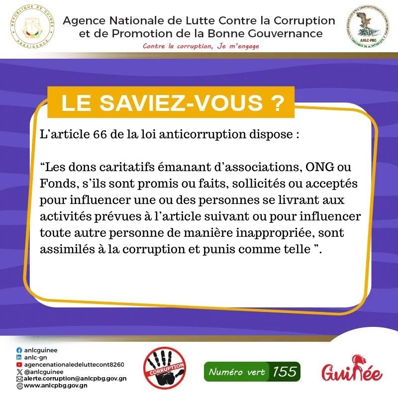 Saviez-vous que certains dons caritatifs, qu’ils proviennent d’associations, d’ONG ou de fonds, peuvent être considérés comme des actes de corruption?

#ANLC_PBG #CNRD #BonneGouvernance #LuttecontrelaCorruption #contrelacorruptionjemengage #Corruption #Guinee