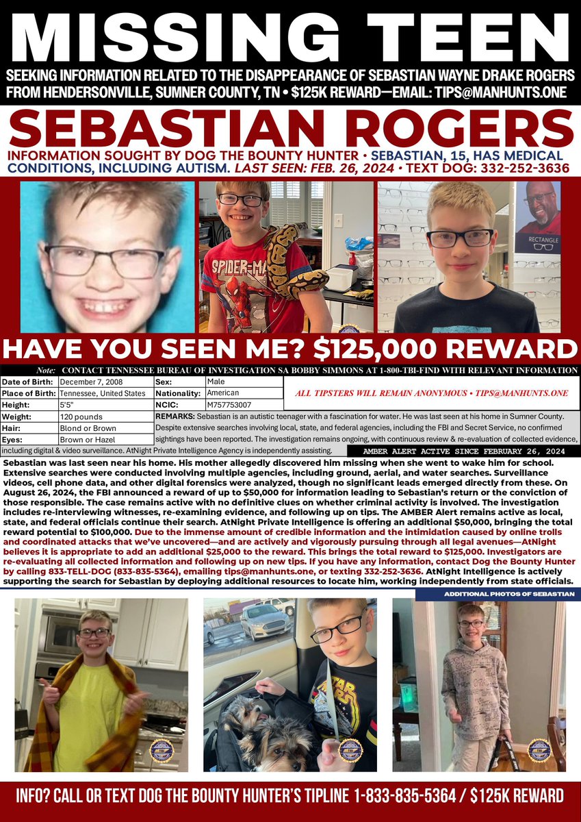 One Year Without Sebastian Wayne Drake Rogers  𖤍  February 25, 2025

#SebastianRogers | #Tennessee 

One year ago today, our nation was shaken by a profound and tragic mystery—the disappearance of Sebastian Wayne Drake Rogers, a 15-year-old boy whose life was brimming with