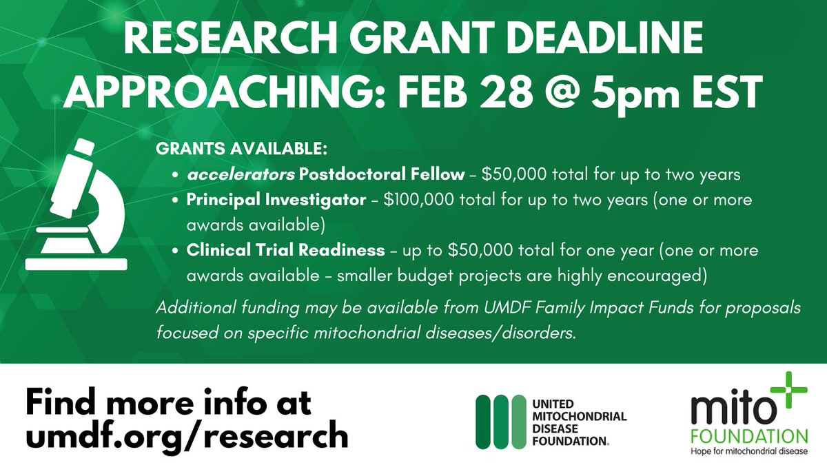 United Mitochondrial Disease Foundation (@umdf) on Twitter photo DEADLINE approaching for the 2025 Research Grant Cycle -- this Friday, 2/28 at 5pm EST. The United Mitochondrial Disease Foundation and the <a href="/AusMito/">Mito Foundation</a> invite #research grant proposals for a pool of $500,000 in funding. Apply today at umdf.smapply.org DEADLINE approaching for the 2025 Research Grant Cycle -- this Friday, 2/28 at 5pm EST. The United Mitochondrial Disease Foundation and the <a href="/AusMito/">Mito Foundation</a> invite #research grant proposals for a pool of $500,000 in funding. Apply today at umdf.smapply.org