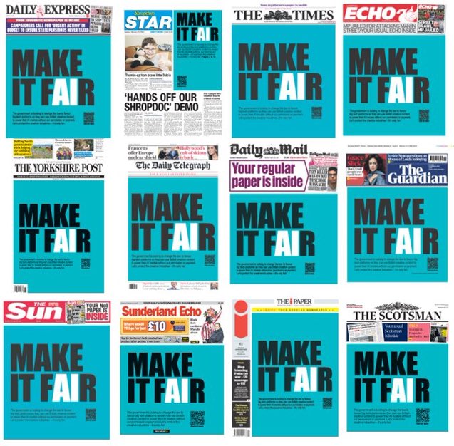 LHV Podcast (@lhvpodcast) on Twitter photo Amazing campaign today from <a href="/creatorsrights/">Creators' Rights Alliance</a> on the covers of UK national press. #makeitfair Amazing campaign today from <a href="/creatorsrights/">Creators' Rights Alliance</a> on the covers of UK national press. #makeitfair