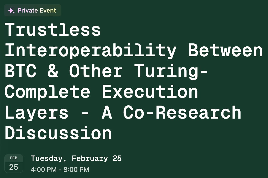 Vishwa (@vishwa_xyz) on Twitter photo We're excited to host our co-research discussion "Trustless Interoperability Between BTC & Other Turing-Complete Execution Layers" including our friends from <a href="/CicadaFinance/">Cicada</a> <a href="/nebrazkp/">NEBRA</a> <a href="/cysic_xyz/">Cysic</a> <a href="/0G_labs/">0G Labs (Home of Infinite AI)</a> <a href="/GoKiteAI/">KITE AI</a> <a href="/solayer_labs/">Solayer</a> <a href="/SolanaFndn/">Solana Foundation</a> <a href="/gitcoin/">Gitcoin</a> <a href="/yalaorg/">Yala</a> at <a href="/EthereumDenver/">ETHDenver ππ¦¬π¦</a> 2025 We're excited to host our co-research discussion "Trustless Interoperability Between BTC & Other Turing-Complete Execution Layers" including our friends from <a href="/CicadaFinance/">Cicada</a> <a href="/nebrazkp/">NEBRA</a> <a href="/cysic_xyz/">Cysic</a> <a href="/0G_labs/">0G Labs (Home of Infinite AI)</a> <a href="/GoKiteAI/">KITE AI</a> <a href="/solayer_labs/">Solayer</a> <a href="/SolanaFndn/">Solana Foundation</a> <a href="/gitcoin/">Gitcoin</a> <a href="/yalaorg/">Yala</a> at <a href="/EthereumDenver/">ETHDenver ππ¦¬π¦</a> 2025