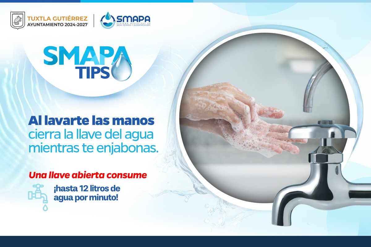 TuxtlaSMAPA's tweet photo. #SMAPATips

•Usa la lavadora sólo con cargas completas de ropa.
•Al lavarte las manos cierra la llave de agua mientras te enjabonas.
•Evita usar manguera para regar plantas. https://t.co/UEiurgU11o