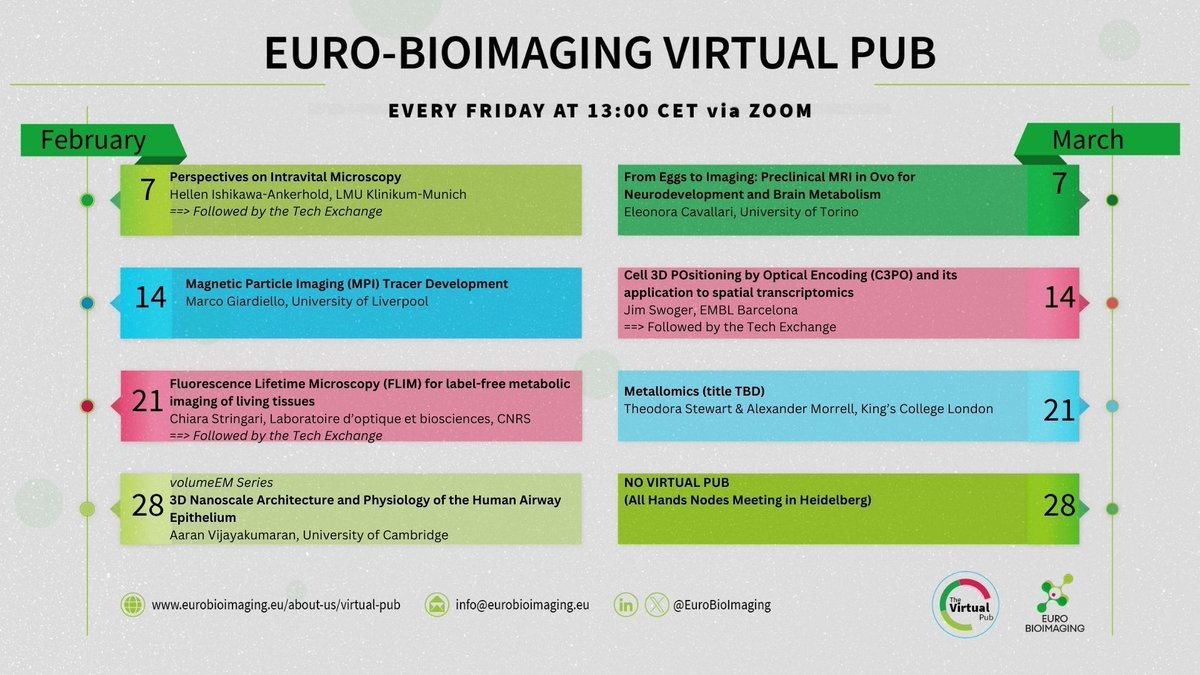 The #VirtualPub calendar for March is out! As always, these talks are free &amp; open to all, and take place on Fridays at 🕐 13:00 CET. We hope you will join us! To register, visit our website 🔽 
eurobioimaging.eu/our-events/vir…
