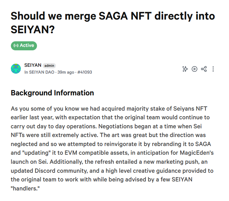 A new governance proposal has been issued for xSEIYAN stakers:

"Should we merge <a href="/SAGAofSei/">SAGA</a> NFT directly into SEIYAN?"

Please read the details and context on the proposal page: snapshot.box/#/s:seiyantoke…

Discuss in the SEIYAN Discord governance channel: discord.gg/seiyantoken9000