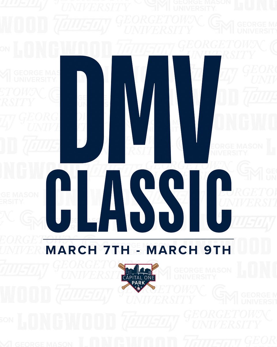 Capital One Park (@capitalonepark) on Twitter photo Hoyas, Patriots, Lancers, and Tigers oh my!!
The #DMVClassic kicks off March 7th featuring <a href="/GeorgetownHoyas/">Georgetown Hoyas</a>, <a href="/MasonBaseball/">George Mason Baseball</a>, <a href="/LongwoodBase/">Longwood Baseball</a>, and <a href="/Towson_BASE/">Towson Baseball</a> โ Who will take home the crown? ๐โพ๏ธ Hoyas, Patriots, Lancers, and Tigers oh my!!
The #DMVClassic kicks off March 7th featuring <a href="/GeorgetownHoyas/">Georgetown Hoyas</a>, <a href="/MasonBaseball/">George Mason Baseball</a>, <a href="/LongwoodBase/">Longwood Baseball</a>, and <a href="/Towson_BASE/">Towson Baseball</a> โ Who will take home the crown? ๐โพ๏ธ