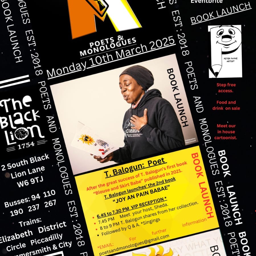 TBalogun4's tweet photo. It's here! Am excited to share my new book with you at my West London book launch event, hosted by Sheda at The Black Lion Pub, Hammersmith on Monday 10th March from 6.30pm. I'll be joined by poets Hannah Stanislaus &amp; Yvonne Murray, it'd be great if you can make it too 🎙️😎💜 https://t.co/I7yPkkp7xX