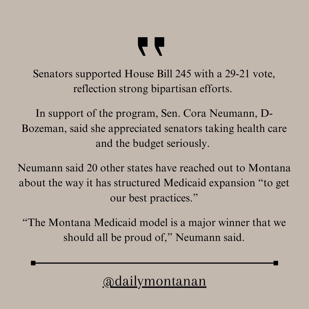 CoraforMT's tweet image. Last week was a big week. We passed Medicaid off the senate floor, 29-21! This bill is the most important to me and my constituents. Through Medicaid expansion, 80, 000 people across Montana will be able to access continued medical care. .@MTDems @MTSenateDems