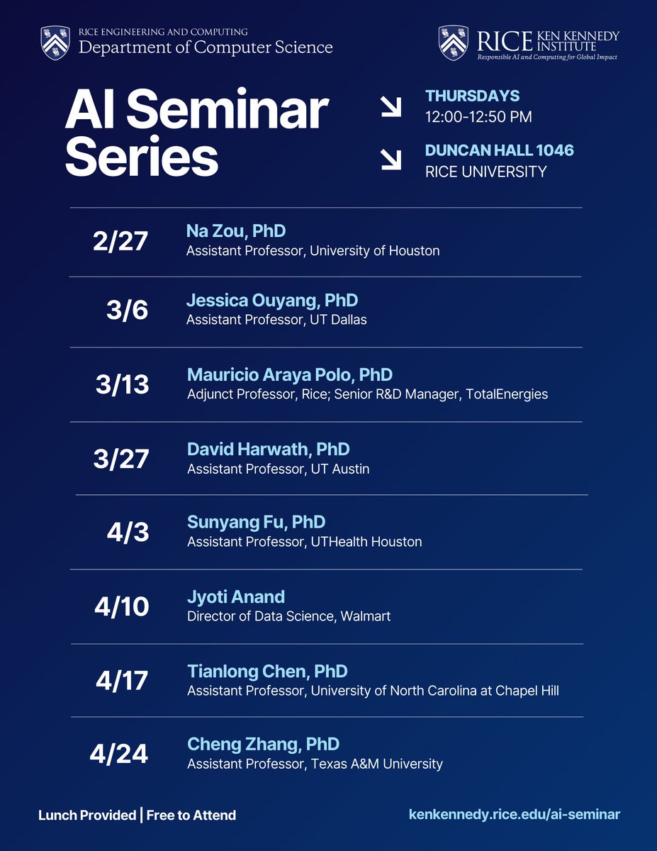 The Ken Kennedy Institute (@ricekenkennedy) on Twitter photo The Ken Kennedy Institute and <a href="/RiceCompSci/">Rice Computer Science</a> will host a weekly AI Seminar Series on Thursdays at 12:00 PM in Duncan Hall: kenkennedy.rice.edu/ai-seminar
2/27 | "Exploring and Exploiting Shortcuts in AI/ML: Algorithms, Challenges and Solutions" | Professor Na Zou (University of Houston) The Ken Kennedy Institute and <a href="/RiceCompSci/">Rice Computer Science</a> will host a weekly AI Seminar Series on Thursdays at 12:00 PM in Duncan Hall: kenkennedy.rice.edu/ai-seminar
2/27 | "Exploring and Exploiting Shortcuts in AI/ML: Algorithms, Challenges and Solutions" | Professor Na Zou (University of Houston)