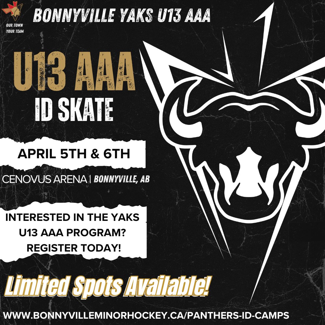 Interested in joining the Yaks U13AAA Hockey Program?

Register today at: bonnyvilleminorhockey.ca/spring-id-camp…!

limited amount of spots available. #GoYaks