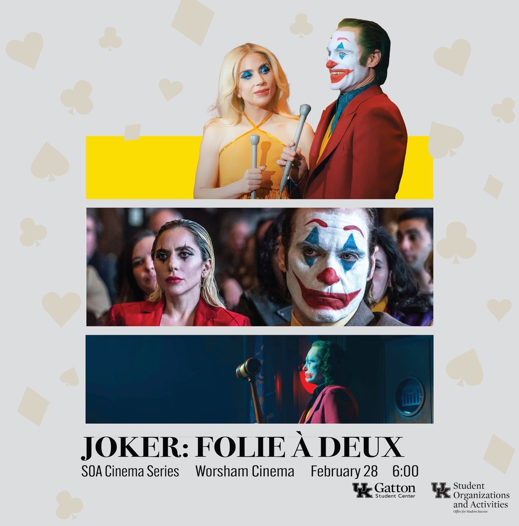 "When you're smilin', when you're smilin', the whole world smiles with you." 😁

Head over to Worsham Cinema Friday night at 6pm to see 𝐉𝐨𝐤𝐞𝐫: 𝐅𝐨𝐥𝐢𝐞 à 𝐃𝐞𝐮𝐱 (𝟐𝟎𝟐𝟒), part of the SOA Cinema Series! Free snacks will be provided to students while supplies last!