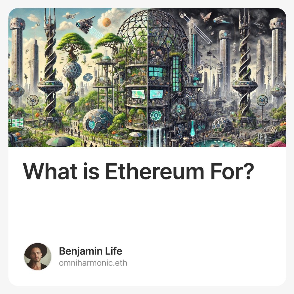 Benjamin Life (@omniharmonic) on Twitter photo Amidst the <a href="/EthereumDenver/">ETHDenver 🏔🦬🦄</a> regen drama, on the tails of A General Forum On Ethereum Localism, with the <a href="/ethereumfndn/">Ethereum Foundation</a> culture war just barely in the rear view mirror, I find myself wondering:
(article linked below)👇 Amidst the <a href="/EthereumDenver/">ETHDenver 🏔🦬🦄</a> regen drama, on the tails of A General Forum On Ethereum Localism, with the <a href="/ethereumfndn/">Ethereum Foundation</a> culture war just barely in the rear view mirror, I find myself wondering:
(article linked below)👇
