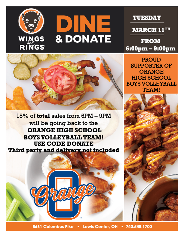 OOHSBOYSVB's tweet photo. Plan your dinner for Tuesday March 11th - come to Wings and Rings from 6-9pm to support our boys!
Show this flyer or use code DONATE -dine-in, carryout, or order online at https://t.co/jwKUQFBnD4
Please share with friends &amp; family &amp; thank you for your support!  
Roll Neers!! 🏐🍊 https://t.co/gkZHk8msdr