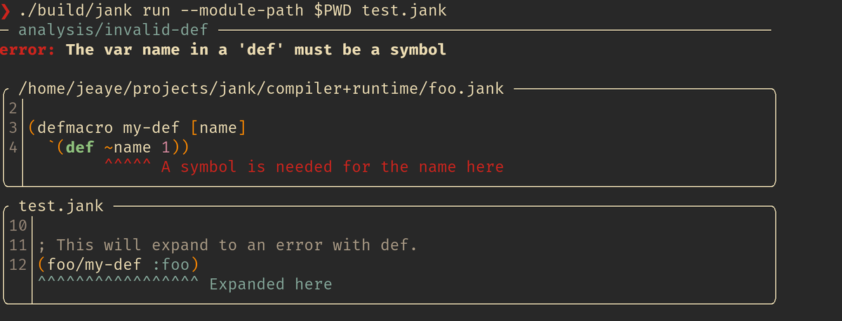 I've been exploring with compilation errors through macro expansions,  across files. This ends up requiring us to track a lot more source  information, but the results can be very nice. #clojure