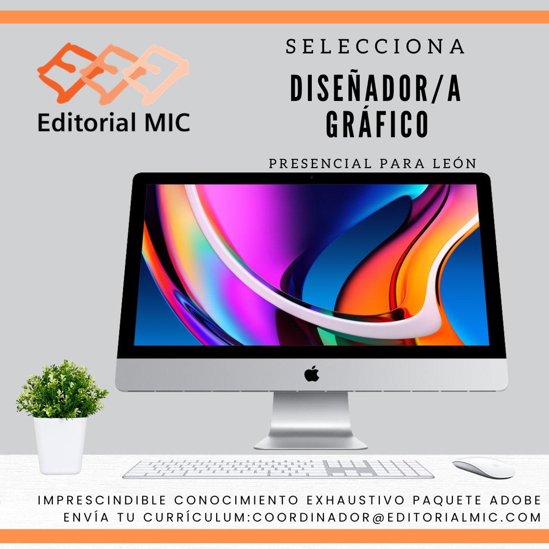 Editorial MIC (@editorialmic) on Twitter photo Si eres un apasionado/a del diseño gráfico, buscas un trabajo en León y dominas el paquete adobe.
Esta es tu oportunidad, Editorial MIC busca, para su sede de León, diseñador/a gráfico.
¡Mándanos tu currículum al mail coordinador@editorialmic.com! Si eres un apasionado/a del diseño gráfico, buscas un trabajo en León y dominas el paquete adobe.
Esta es tu oportunidad, Editorial MIC busca, para su sede de León, diseñador/a gráfico.
¡Mándanos tu currículum al mail coordinador@editorialmic.com!
