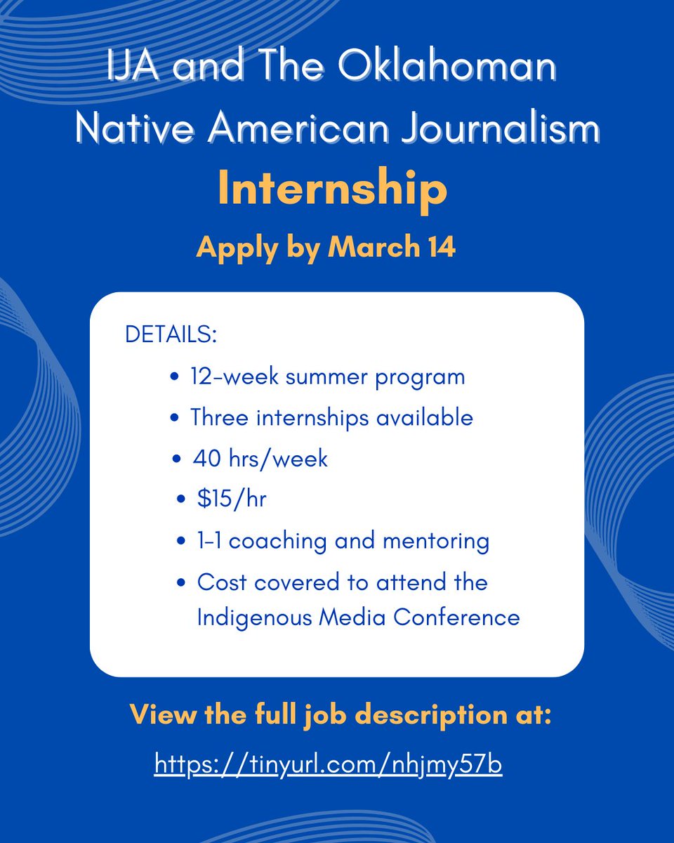 IndigenousJA's tweet image. IJA &amp;amp; The Oklahoman are offering a paid 12-week summer internship for Indigenous journalism students!

📅 Deadline: March 14
📍 Oklahoma newsroom experience
🎓 Mentorship, IJA membership &amp;amp; conference trip included!

🔗 Apply now: tinyurl.com/2s3rfdad

#IndigenousJournalism