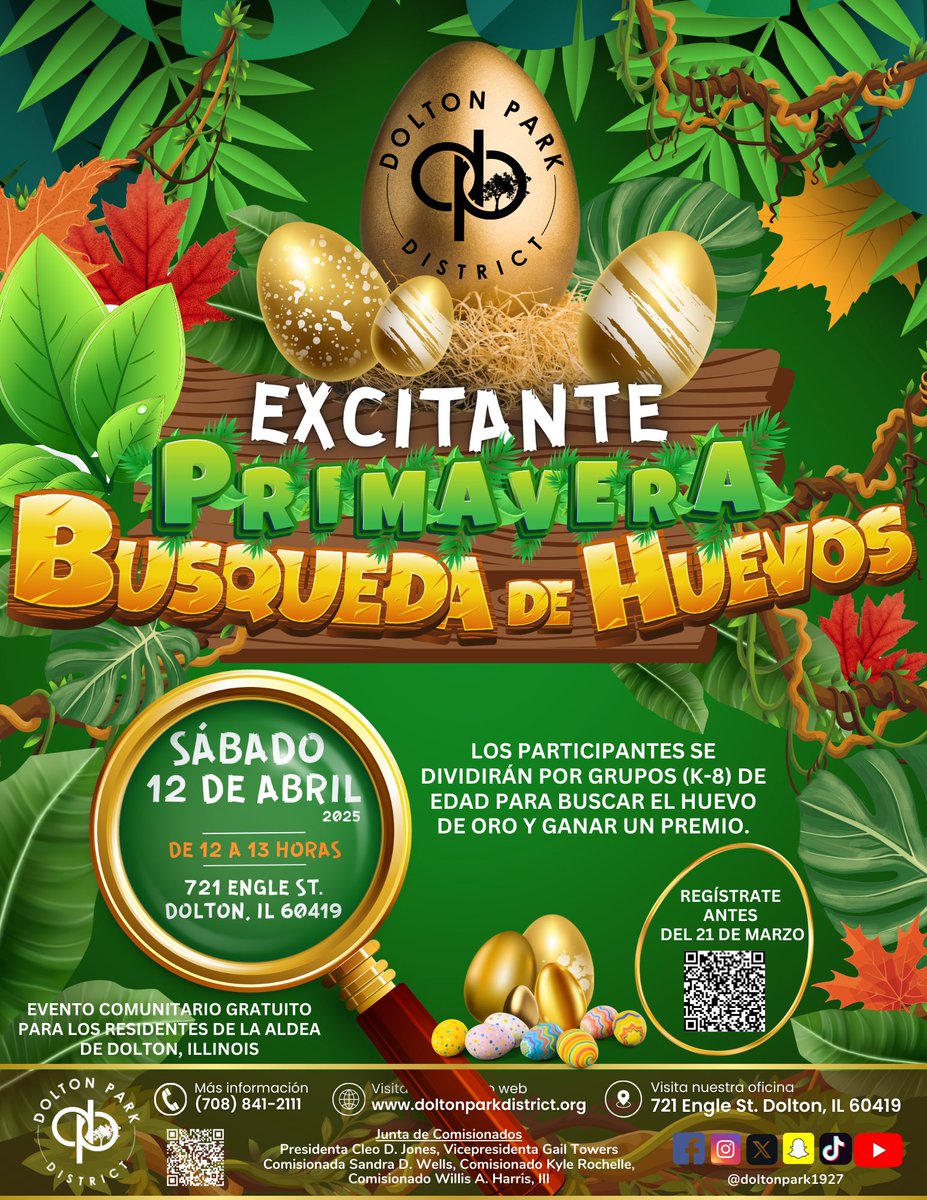 Saturday, April 5th, join us for our Egg-Citing Spring Egg Hunt! Whoever hops the quickest to finding the golden egg will win a special prize. Sign up now as registration ends March 21st. Join us from 12pm-1pm at 721 Engle St. See you then!

#egghunt
#doltonparkdistrict