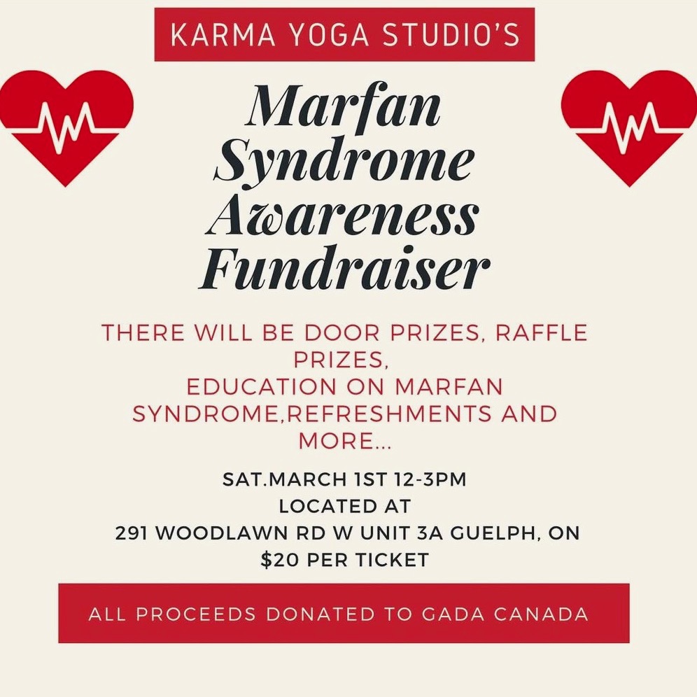 GADACanada (@aorticdisorders) on Twitter photo Support a special fundraiser! Morgan Story is hosting a Marfan Syndrome Awareness & Fundraising Event on Saturday, March 1st, from 12:00–3:00 PM at Karma Yoga Studio in Guelph. We hope to see you there!
facebook.com/profile.php?id… #marfanawareness Support a special fundraiser! Morgan Story is hosting a Marfan Syndrome Awareness & Fundraising Event on Saturday, March 1st, from 12:00–3:00 PM at Karma Yoga Studio in Guelph. We hope to see you there!
facebook.com/profile.php?id… #marfanawareness