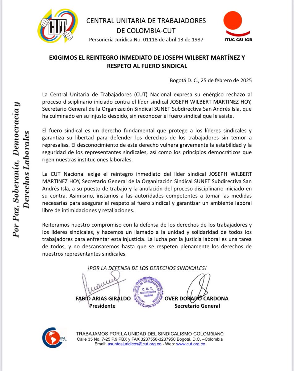 <a href="/sunetcolofc/">@SunetColOfc</a> agradece el respaldo de <a href="/cutcordoba/">EJECUTIVO CUT CÓRDOBA.</a> por su pronunciamiento del día de hoy, frente al injustificado despido de nuestro compañero Joseph Martínez de @SunetSanAndresIsla igualmente exigimos a  la <a href="/GobernacionSai/">GobernacionSAI</a> el debido proceso y respeto por el fuero sindical. 💪🏻🇨🇴