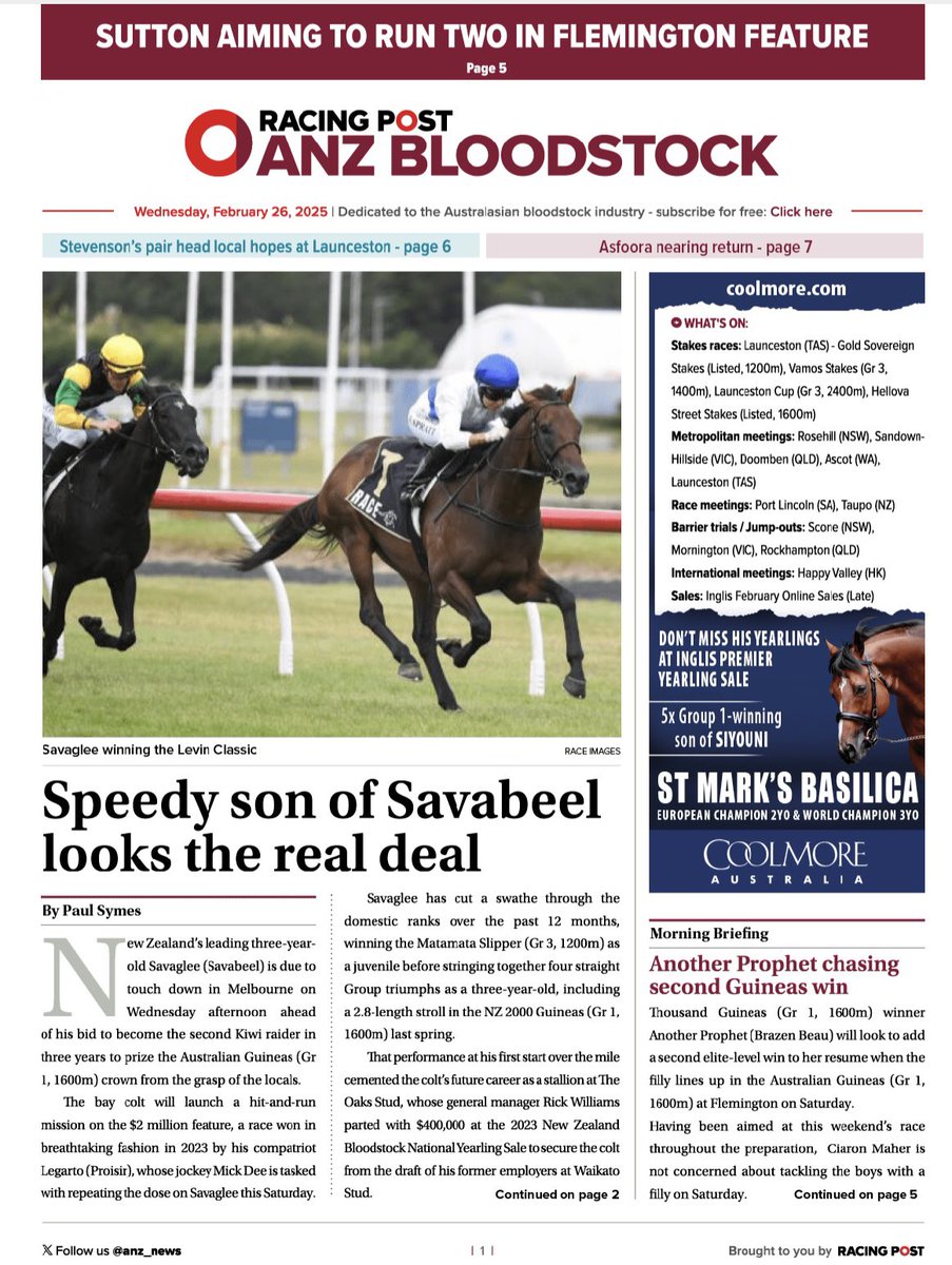 In today’s ANZ Bloodstock News 📮🏇

⭕️ Speedy son of Savabeel looks the real deal 💨

⭕ Sutton aiming to run two in Flemington feature 👀

⭕️ Another Prophet chasing second Guineas win 🏆

Read here &gt; anzbloodstocknews.com/editions/2025-…