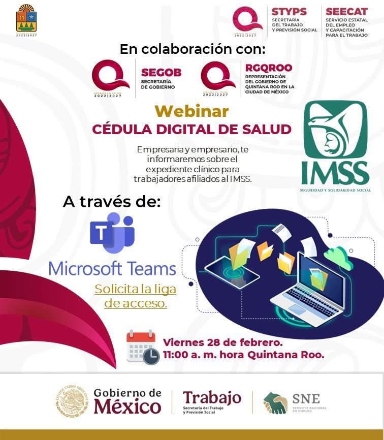 🧑🏻‍💻Empresaria y empresario, te invitamos a participar en el webinar “Cédula Digital de Salud” donde aprenderás sobre el funcionamiento y los beneficios de facilitar a los trabajadores afiliados al IMSS el acceso a una parte de su expediente clínico mediante una plataforma digital.