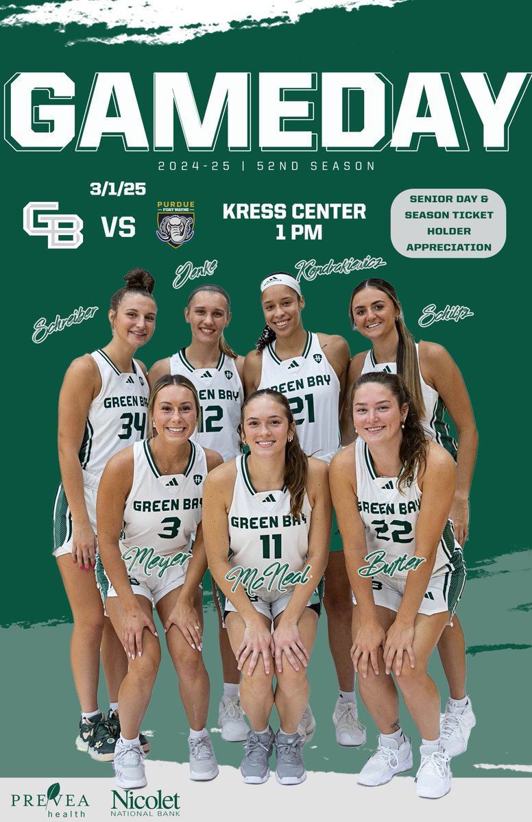 Green Bay Womenâs Basketball (@gbphoenixwbb) on Twitter photo Today's program cover features all 7⣠seniors!
<a href="/callie_21_genke/">Callie Genke</a> <a href="/cassieschiltz/">Cassie Schiltz</a> <a href="/schreiber_maddy/">Maddy Schreiber</a> <a href="/bailey_butler23/">B</a> <a href="/natmcneal/">Natalie McNeal</a> <a href="/jasminekondrak3/">jasmine</a> <a href="/MiahgMeyer/">Miah Meyer</a>
#RiseWithUs | #ThankYouSeniors Today's program cover features all 7⣠seniors!
<a href="/callie_21_genke/">Callie Genke</a> <a href="/cassieschiltz/">Cassie Schiltz</a> <a href="/schreiber_maddy/">Maddy Schreiber</a> <a href="/bailey_butler23/">B</a> <a href="/natmcneal/">Natalie McNeal</a> <a href="/jasminekondrak3/">jasmine</a> <a href="/MiahgMeyer/">Miah Meyer</a>
#RiseWithUs | #ThankYouSeniors