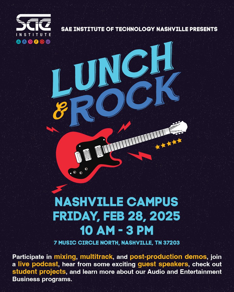 This week at the #Nashville campus: Pro Tools Bible lecture series on 2/27 and Lunch &amp; Rock on 2/28! Free &amp; open to all. ➡️ Visit our website to RSVP: usa.sae.edu/events/