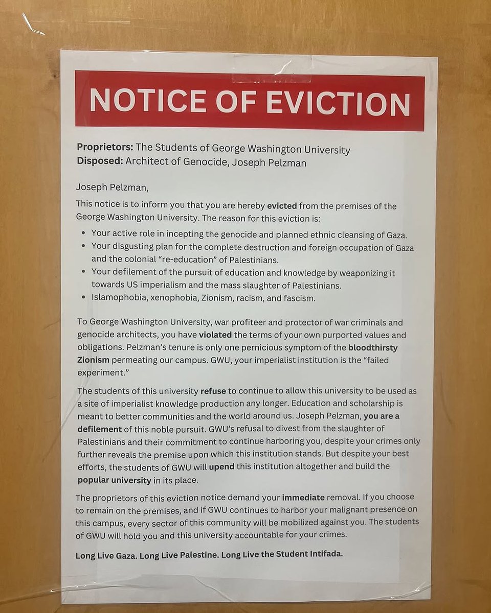 AJCGlobal's tweet photo. Enough! Another case of vandalism against a faculty member at @GWTweets. 

This morning, an econ professor’s office was defaced with hateful “eviction notices” that labeled him “a pernicious symptom of the bloodthirsty Zionism permeating this campus.” 

Intimidation and harassment are never acceptable. These tactics only serve to freeze debate and scare Jewish students and faculty.
https://t.co/YNdKFpTfTG