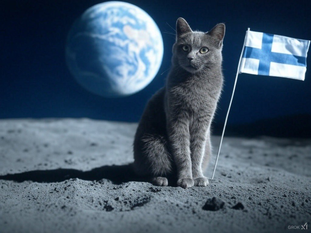 I asked GROK3 to make a picture of a grey cat sitting on the moon beside the Finnish flag😳🤣👍<a href="/jennifer_stoney/">𝙹𝚎𝚗𝚗𝚢 🦋</a> <a href="/somemuija/">Somemuija 💩</a> <a href="/KatjaKurk/">Katja Kurkinen</a>