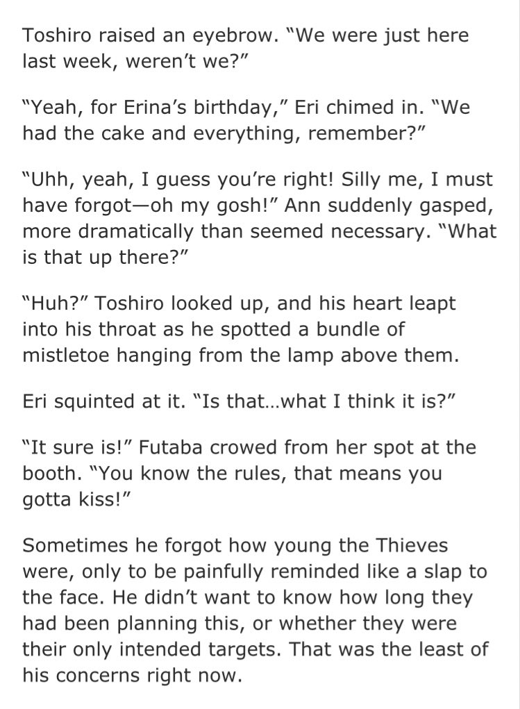 swordsfaire's tweet image. “meet me under the mistletoe” 

T | toshiro kasukabe/natsuhara eri | 3.7k 

toshiro and eri get more than they bargained for at the phantom thieves’ christmas party when they find themselves caught under the mistletoe. 

archiveofourown.org/works/63402814

#persona5 #p5t #persona5tactica