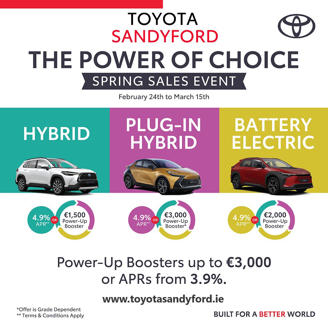 🌼  Spring Sales Event Now on at TOYOTA SANDYFORD 🌼 

The Power of Choice is Yours with Toyota Sandyford 

✅ 2️⃣5️⃣1️⃣ Offers on All New Toyotas 
✅ Power Up Boosters 
✅ Low Rate PCP Offers 
✅ All Trade Ins Welcome
✅ Finance Approval Same Day
✅ Drive Away this Month 
✅ We are