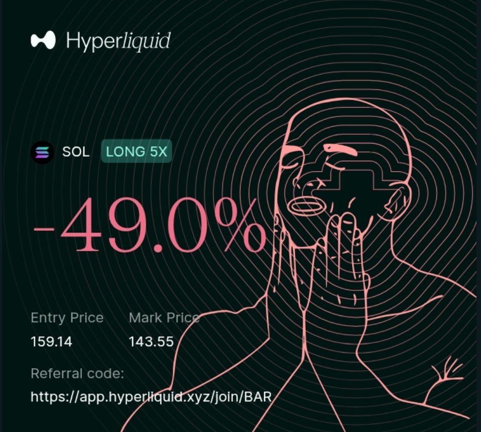 0xBarrelhead⛩️ (@0xbarrelhead) on Twitter photo Follow me for more trading tips.
In my defense, it is not -50%. That's where I draw the line
Thank you <a href="/HyperliquidX/">Hyperliquid</a> Follow me for more trading tips.
In my defense, it is not -50%. That's where I draw the line
Thank you <a href="/HyperliquidX/">Hyperliquid</a>