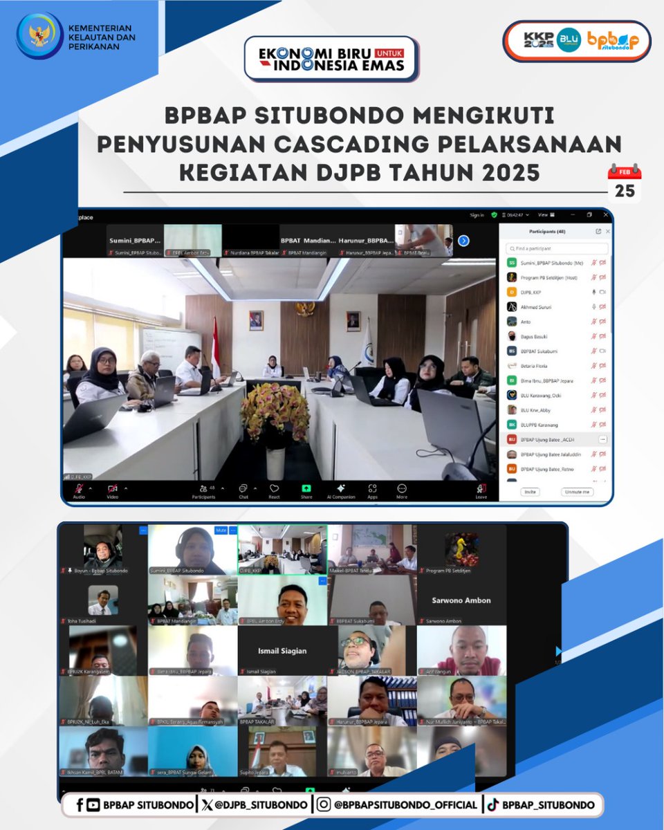 DJPB_SITUBONDO's tweet photo. BPBAP Situbondo mengikuti penyusunan cascading pelaksanaan kegiatan DJPB Tahun 2025

@HandoyoBoyun @BudidayaKKP @BudidayaKKP https://t.co/CcdcJt6hcu