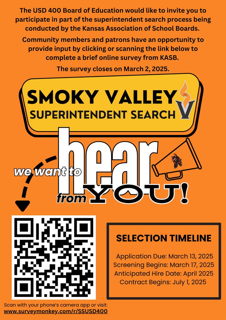 The USD 400 Board of Education wants to hear from you!  Your input is important as they begin their superintendent search!

Please take a few minutes to complete the KASB survey:
surveymonkey.com/r/SSUSD400