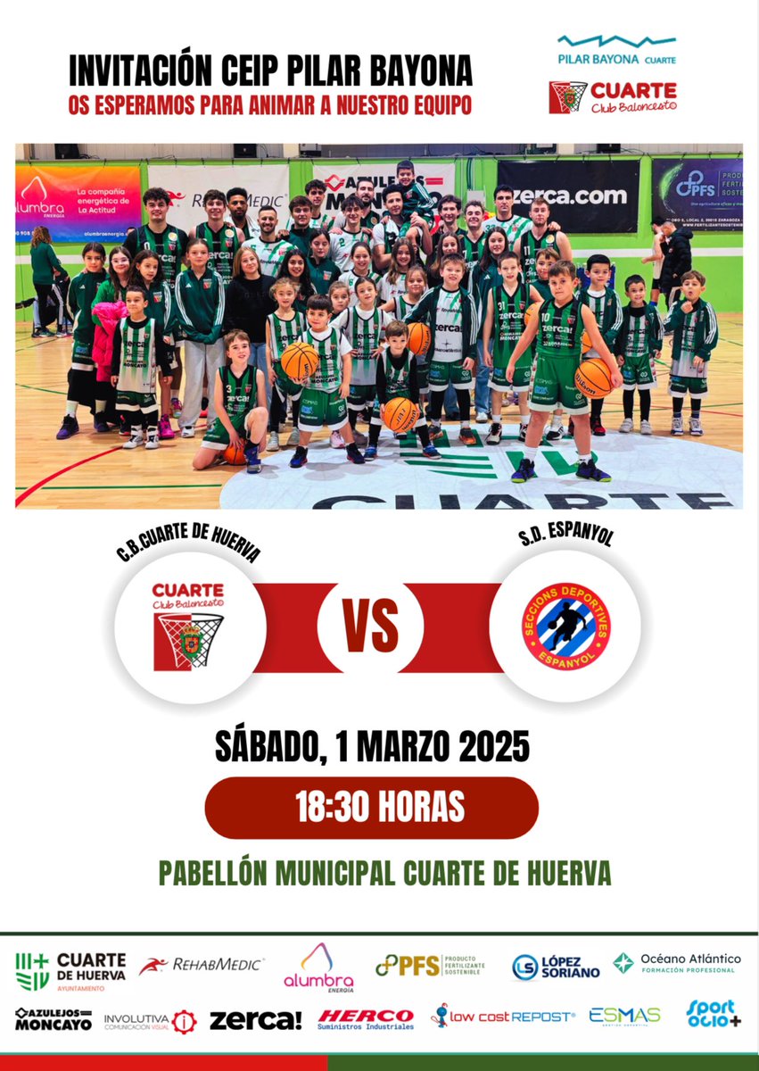 CBCuarte's tweet photo. Vinculado a la actividad de promoción del baloncesto realizada en ese centro, y como complemento a la misma, el Club Baloncesto Cuarte de Huerva quiere invitar a todo el alumnado y profesorado del CEIP PILAR BAYONA a presenciar a pie de pista, el partido de @TerceraFEB https://t.co/cZnE1NM50o