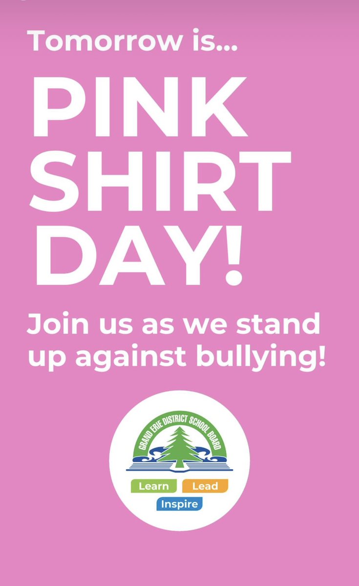 Glen Morris Grizzlies: Pink Shirt day tomorrow!!! <a href="/DirectorGEDSB/">Dr. JoAnna Roberto, Ph.D.</a>  <a href="/GEDSB/">Grand Erie District School Board</a>
