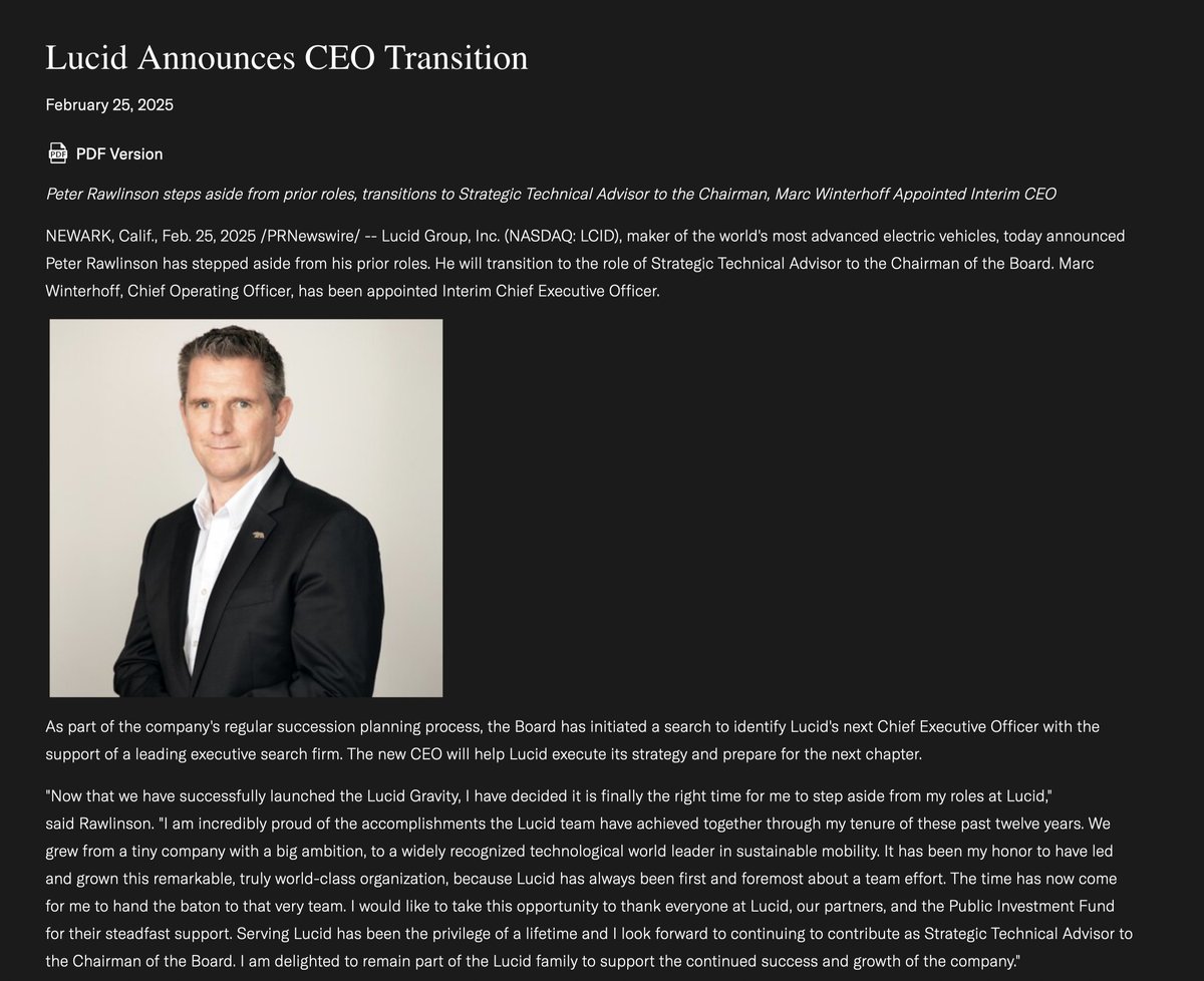 SawyerMerritt's tweet image. BREAKING: Peter Rawlinson is stepping down as Lucid&apos;s CEO. He will transition to the role of Strategic Technical Advisor to the Chairman of the Board.

Marc Winterhoff, Chief Operating Officer, has been appointed Interim CEO.