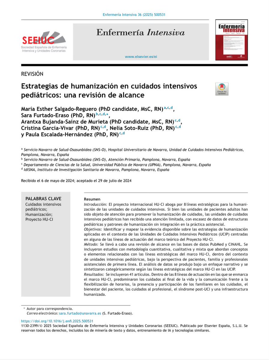 ‼️Orgullosa de compartir la primera publicación de tesis‼️una revisión de estrategias de humanización en UCI Pediátrica. Gracias a quienes lo hacen posible <a href="/care_inno/">Inno-CARE</a> <a href="/SaludUPNA/">Ciencias Salud UPNA</a> <a href="/salud_na/">Salud - Osasuna</a> Continuamos avanzando en investigación enfermera <a href="/NRCh_HUNa/">NRCh_HUNa</a>  <a href="/FHSanidad/">Fundación Humanizando la Sanidad</a> <a href="/EnferIntensiva/">Enfermeria Intensiva</a>