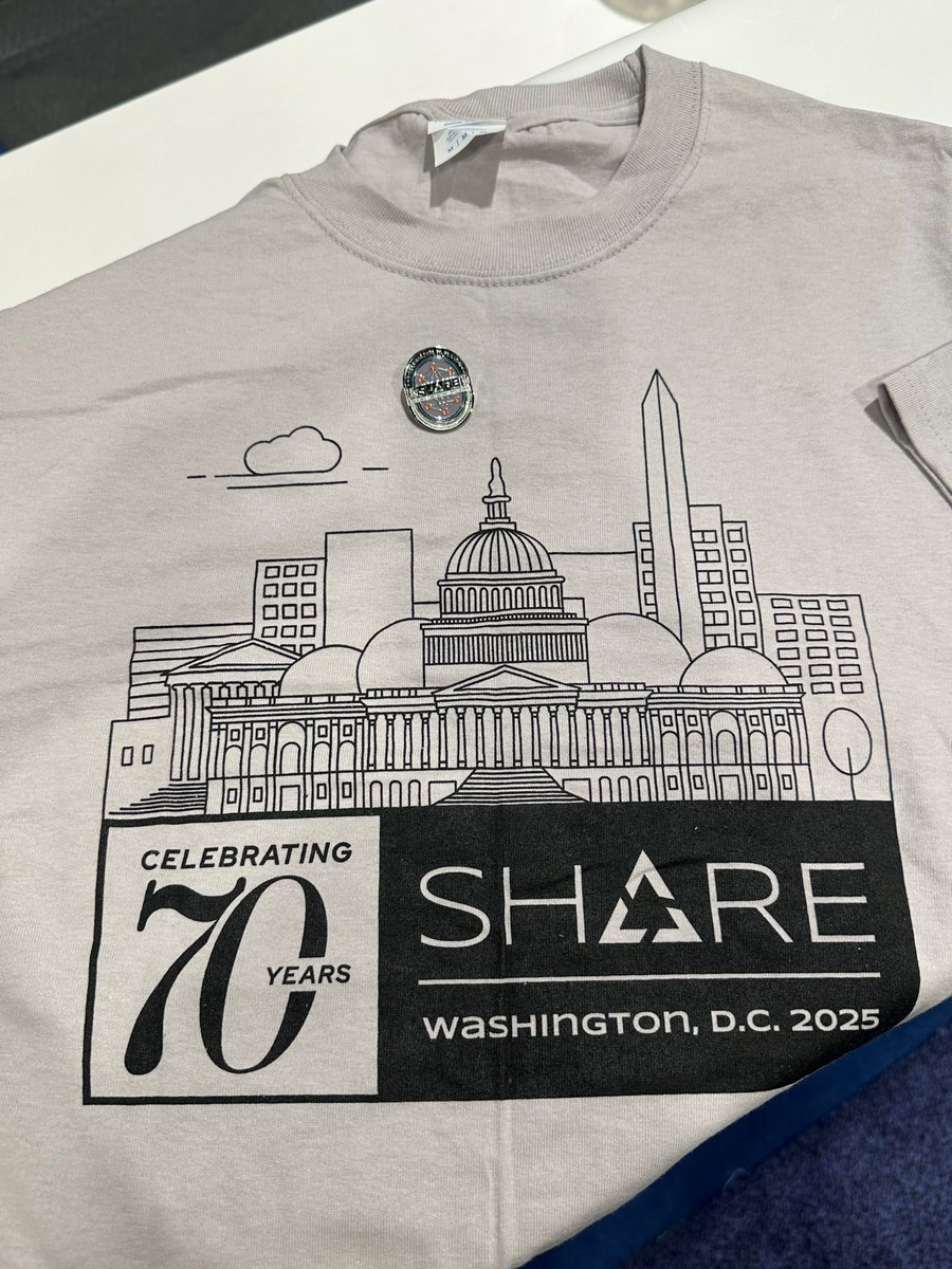 Have you picked up your SHARE 70th anniversary pin yet? All #SHAREDC2025 attendees are invited to stop by the SHARE booth during STE hours to pick one up and take a short survey to receive a D.C. t-shirt.